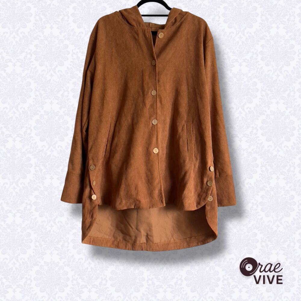 Chic Women's Hooded Corduroy Button Down Top - Hi-Lo Tunic Style - Size 1X